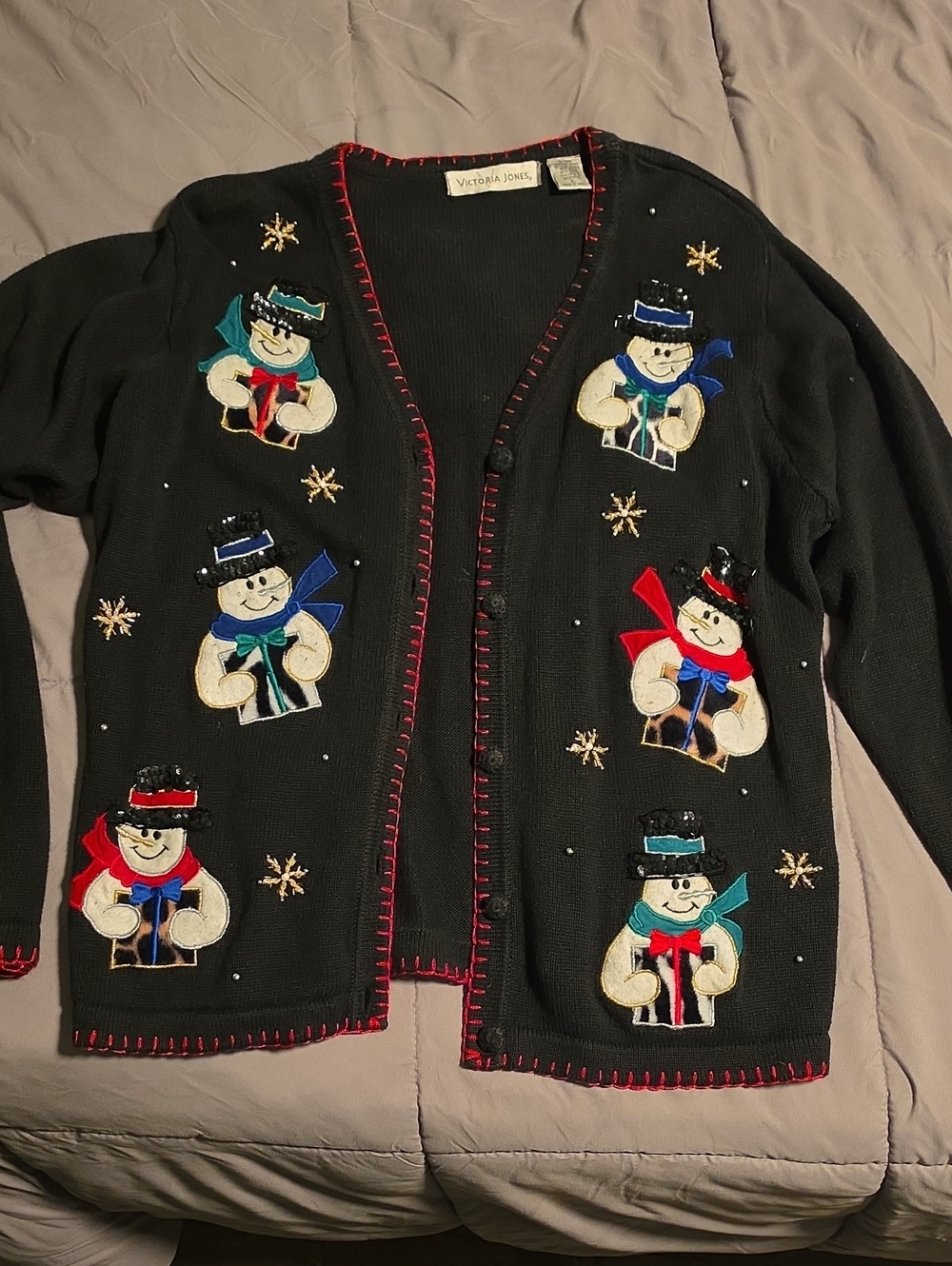 Victoria Jones Woman Black Holiday Snowman Cardigan with Red Trim